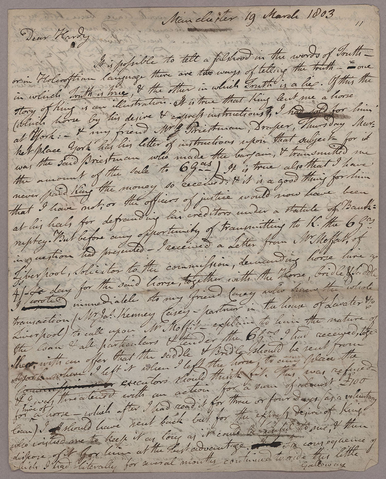 Letter. John Thelwall, Manchester, to Thomas Hardy, London, Page 1