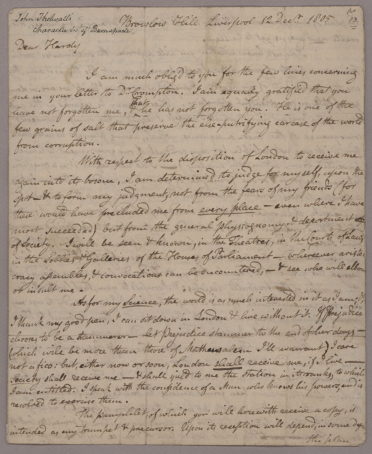 Letter. John Thelwall, Liverpool, to Thomas Hardy, London, Page 1