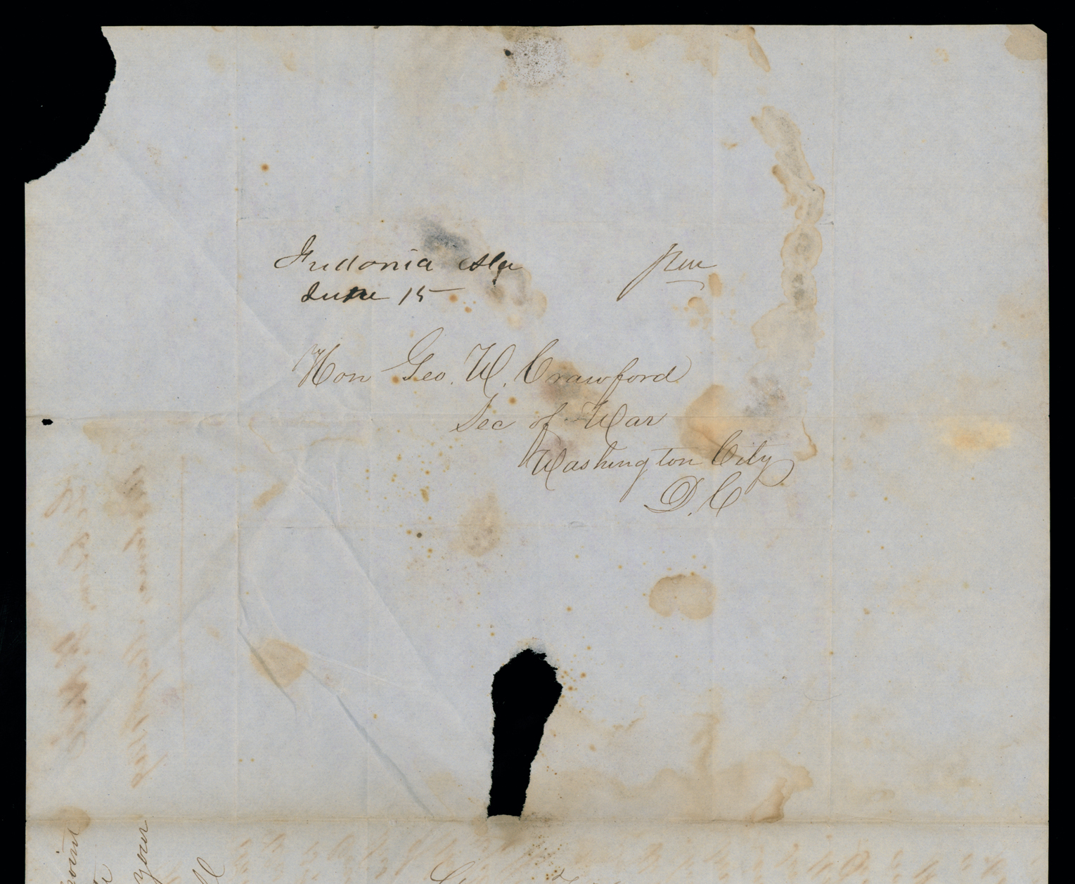 Letter, Gibson F. Hill, Fredonia, Alabama, to "Hon. Geo[rge] W. Crawford Sec[retary] of War," Washington City, D.C., Address Leaf