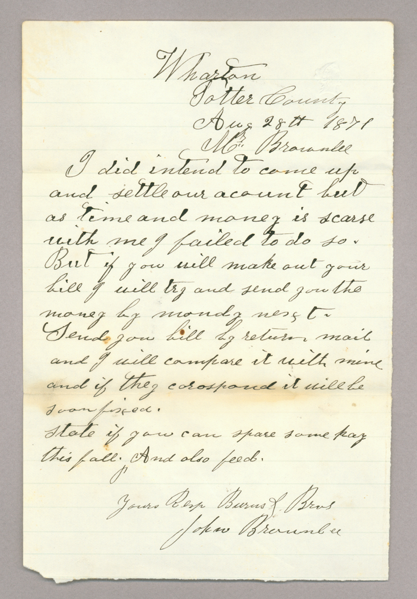 Letter. Burns & Bros., Wharton, Pennsylvania, to Mr John [E.] Brownlee, North Wharton, Pennsylvania, Page 1