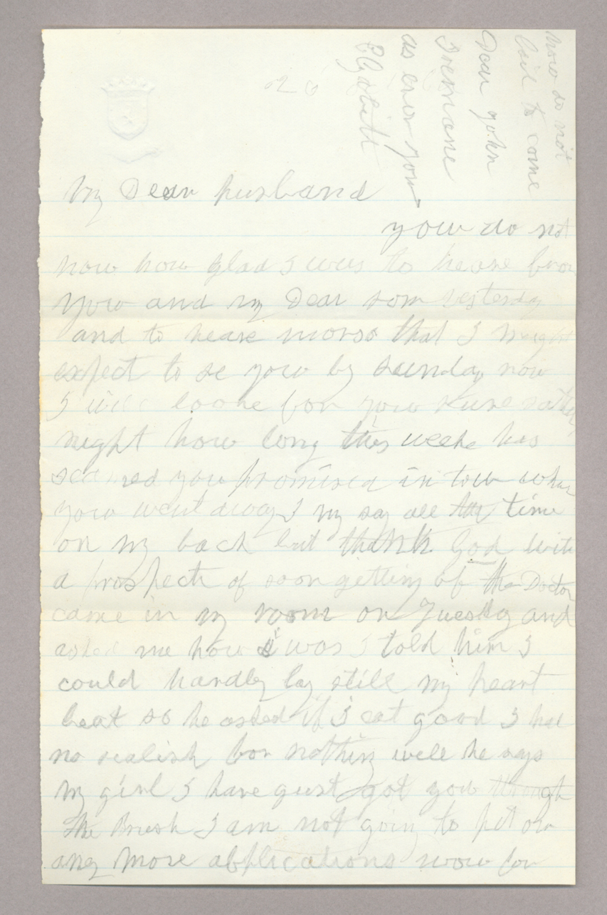 Letter. "Elizabeth" [Elizabeth Savage Brownlee], n. p., to "My Dear husband" [John E. Brownlee], n. p., Page 1