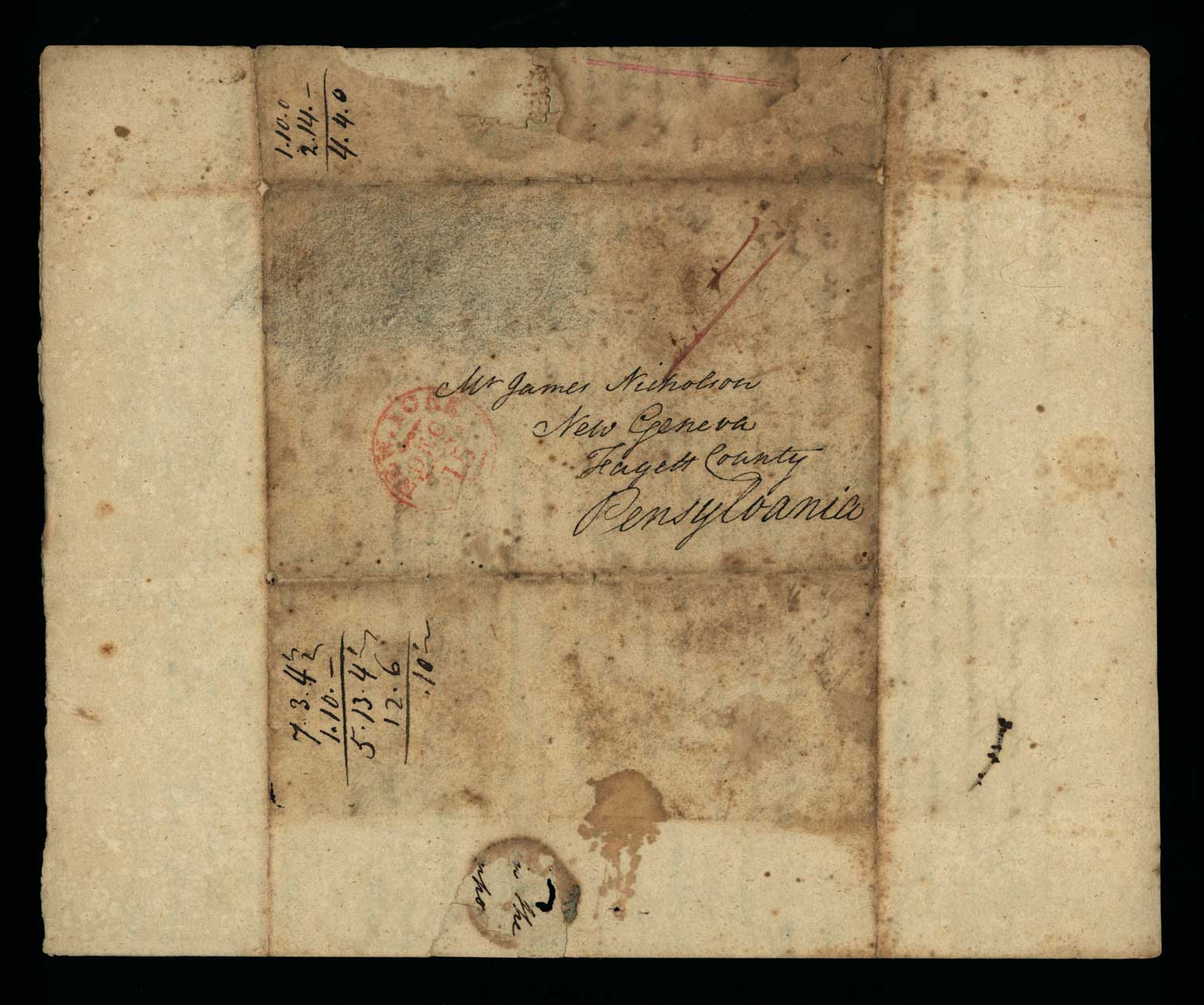 Letter. Catha[rin]e [Nicholson] Few, New York, New York, to Mr James [W.] Nicholson, New Geneva, Pennsylvania, Address Leaf