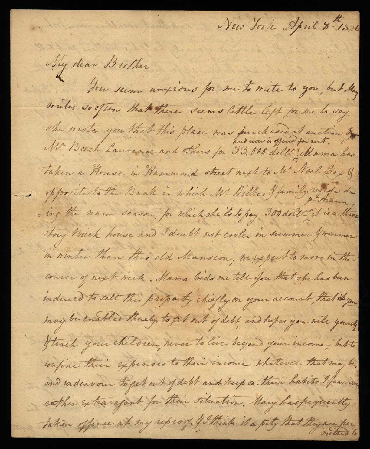 Letter. Maria N[icholson] Montgomery, New York, New York, to James W. Nicholson Esqre P. M., New Geneva, Pennsylvania, Page 1