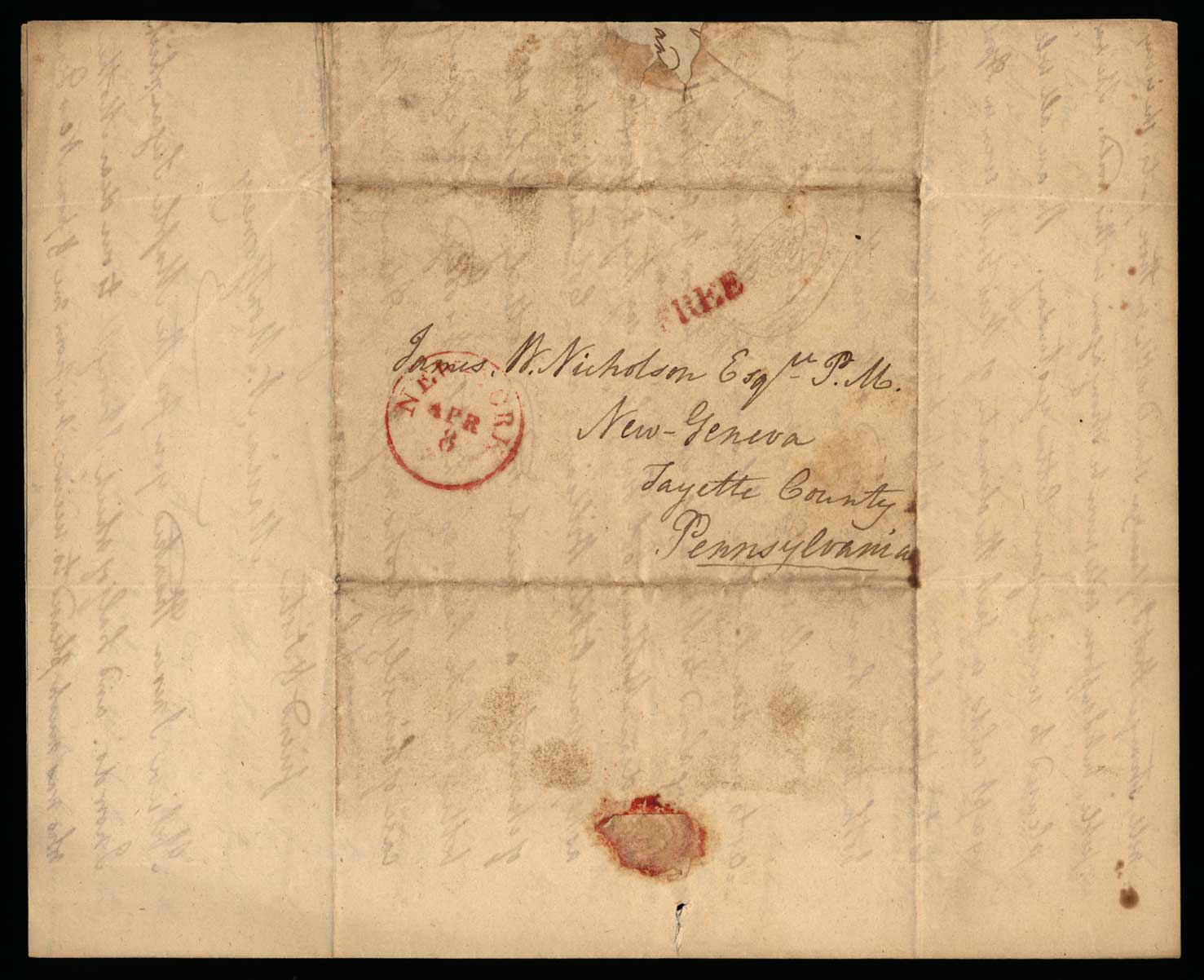 Letter. Maria N[icholson] Montgomery, New York, New York, to James W. Nicholson Esqre P. M., New Geneva, Pennsylvania, Address Leaf