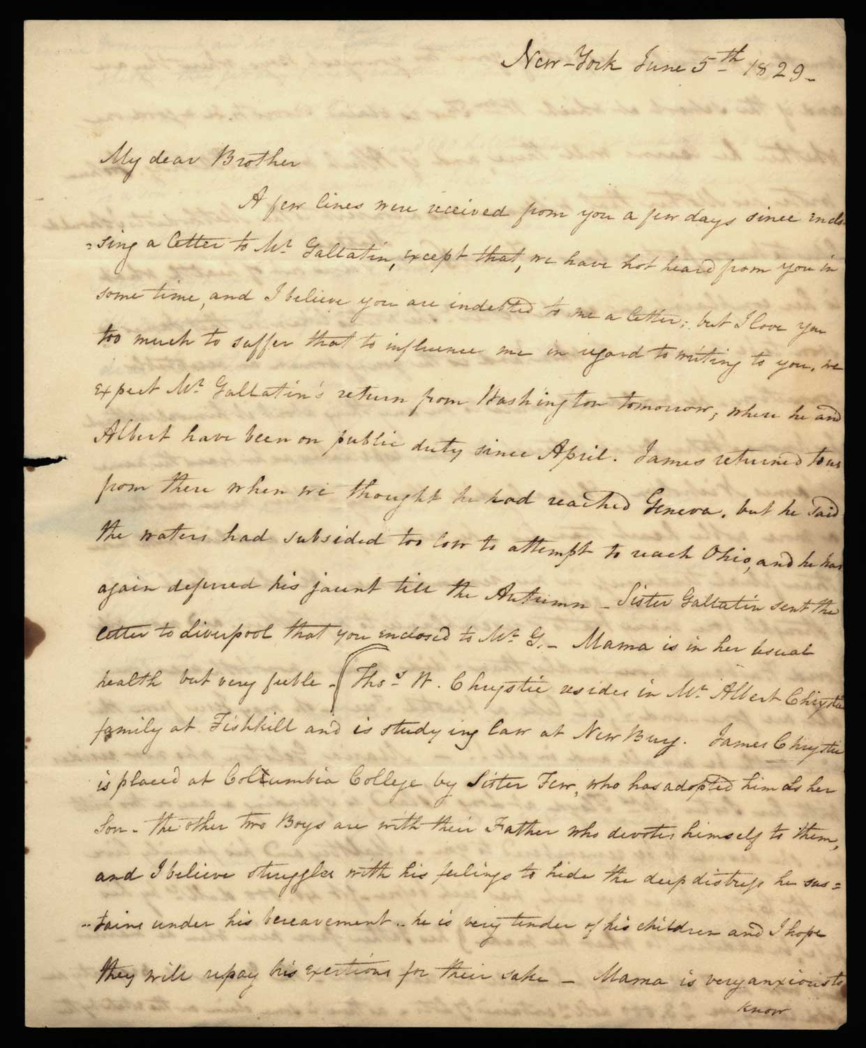 Letter. Maria [Nicholson] Montgomery, New York, New York, to James W. Nicholson Esqre P.M., New Geneva, Pennsylvania, June 1829, Page 1