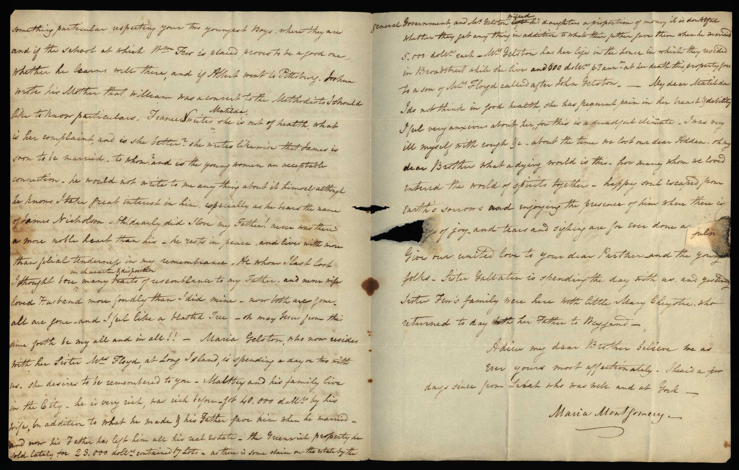 Letter. Maria [Nicholson] Montgomery, New York, New York, to James W. Nicholson Esqre P.M., New Geneva, Pennsylvania, June 1829, Pages 2 and 3