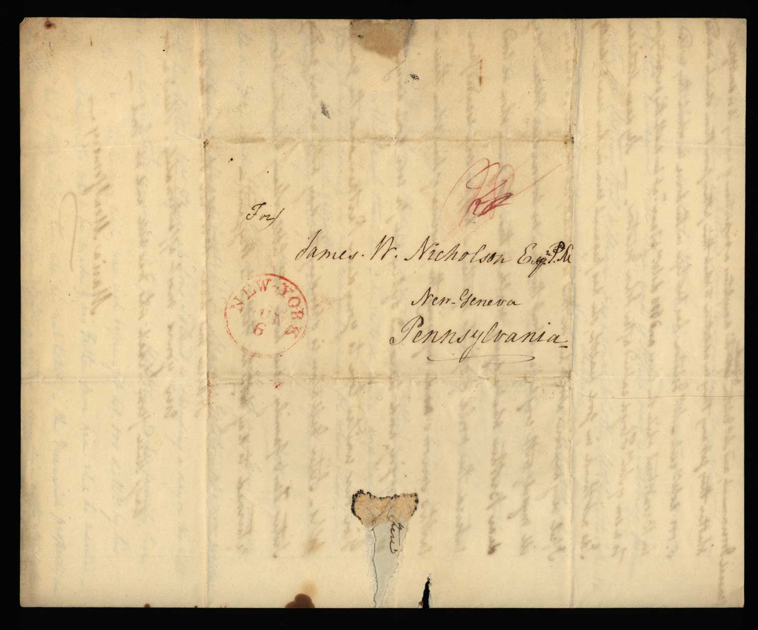 Letter. Maria [Nicholson] Montgomery, New York, New York, to James W. Nicholson Esqre P.M., New Geneva, Pennsylvania, June 1829, Address Leaf