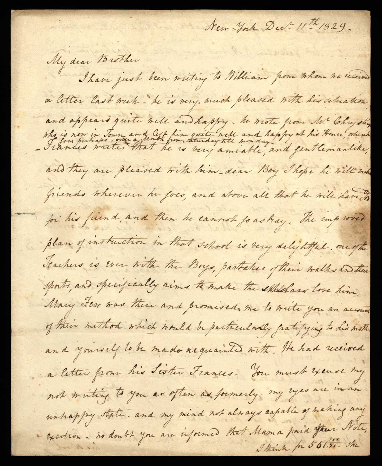 Letter. Maria [Nicholson] Montgomery, New York, New York, to James W. Nicholson Esqre P.M., New Geneva, Pennsylvania, December 1829, Page 1