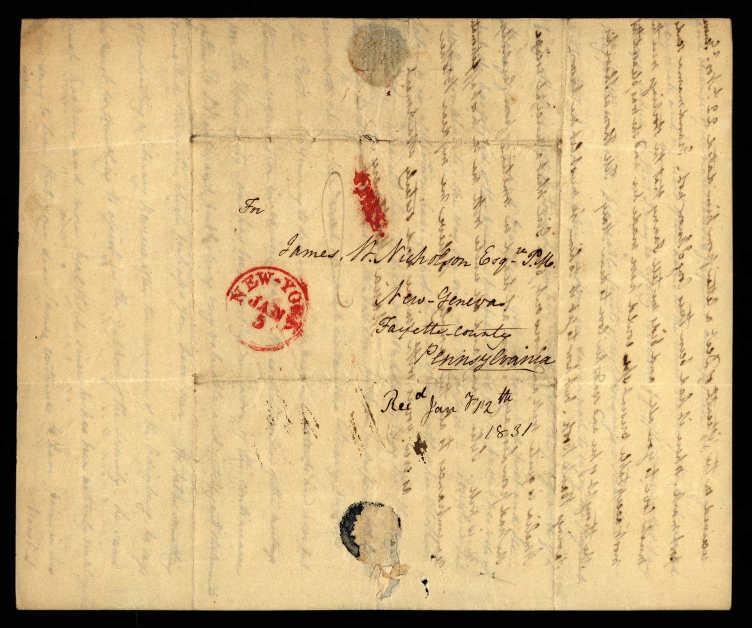 Letter. Maria [Nicholson] Montgomery, New York, New York, to James W. Nicholson Esqre P.M., New Geneva, Pennsylvania, January 1831, Address Leaf