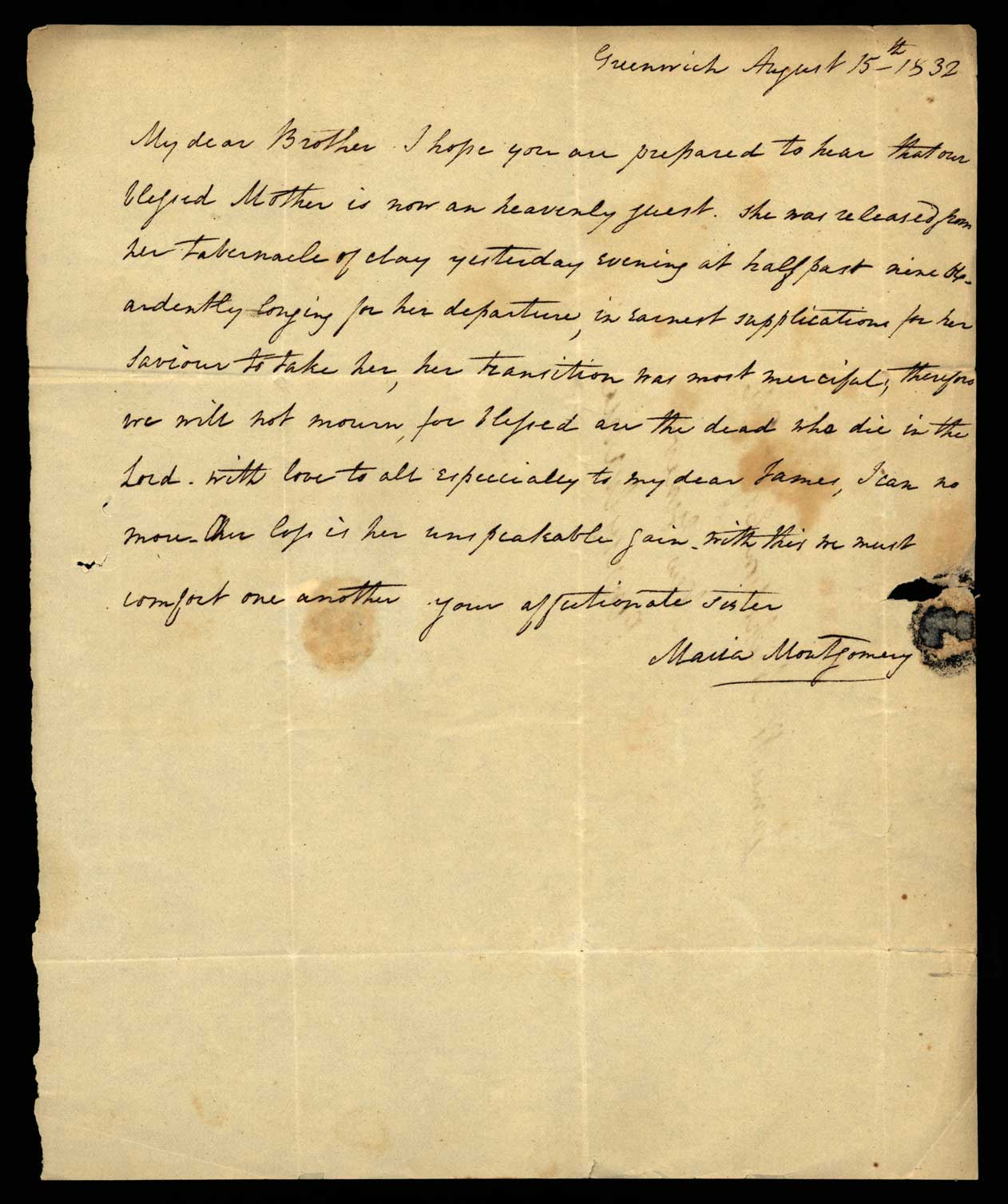 Letter. Maria [Nicholson] Montgomery, New York, New York, to James W. Nicholson Esqre P.M., New Geneva, Pennsylvania, August 1832, Page 1