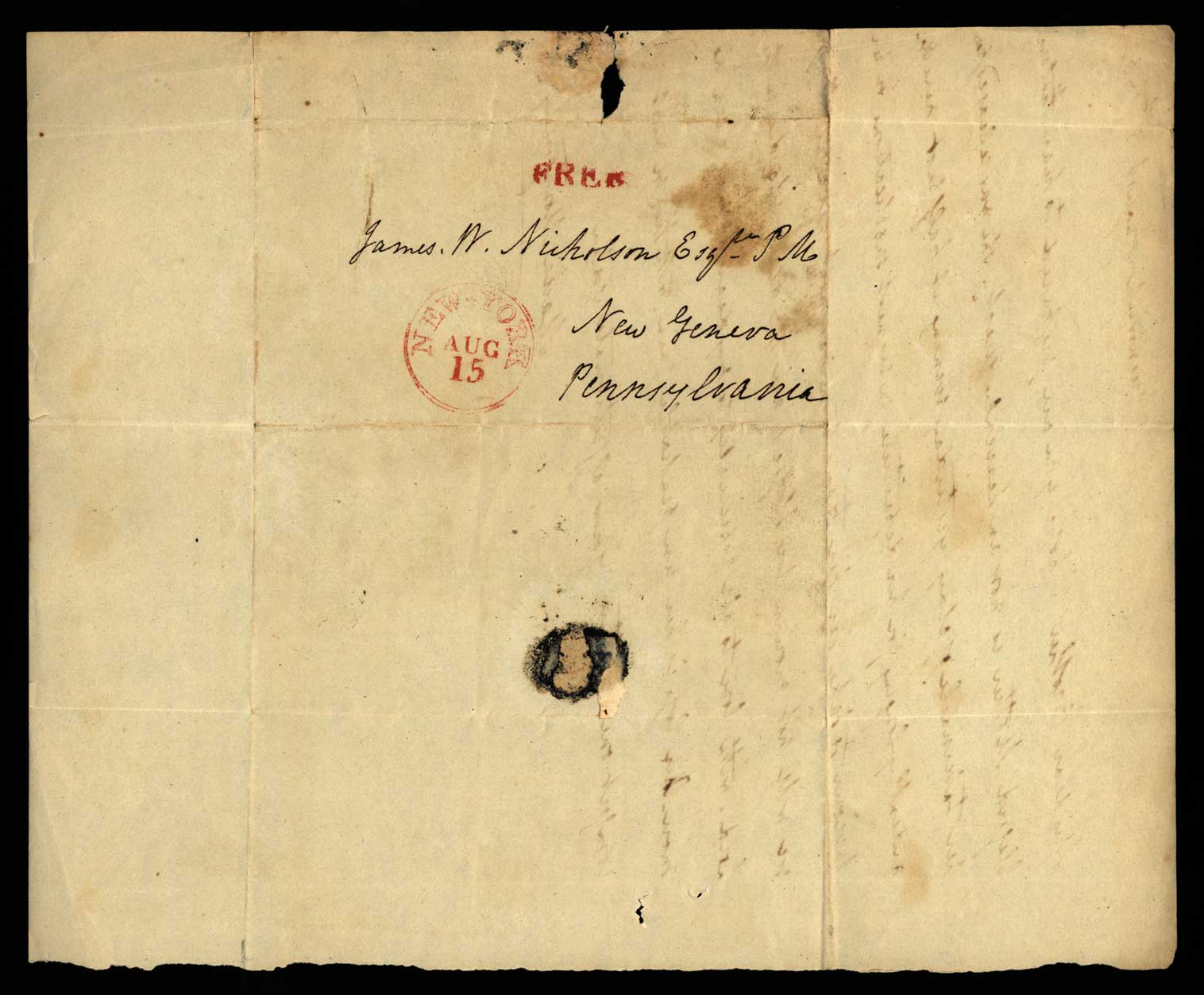 Letter. Maria [Nicholson] Montgomery, New York, New York, to James W. Nicholson Esqre P.M., New Geneva, Pennsylvania, August 1832, Address Leaf