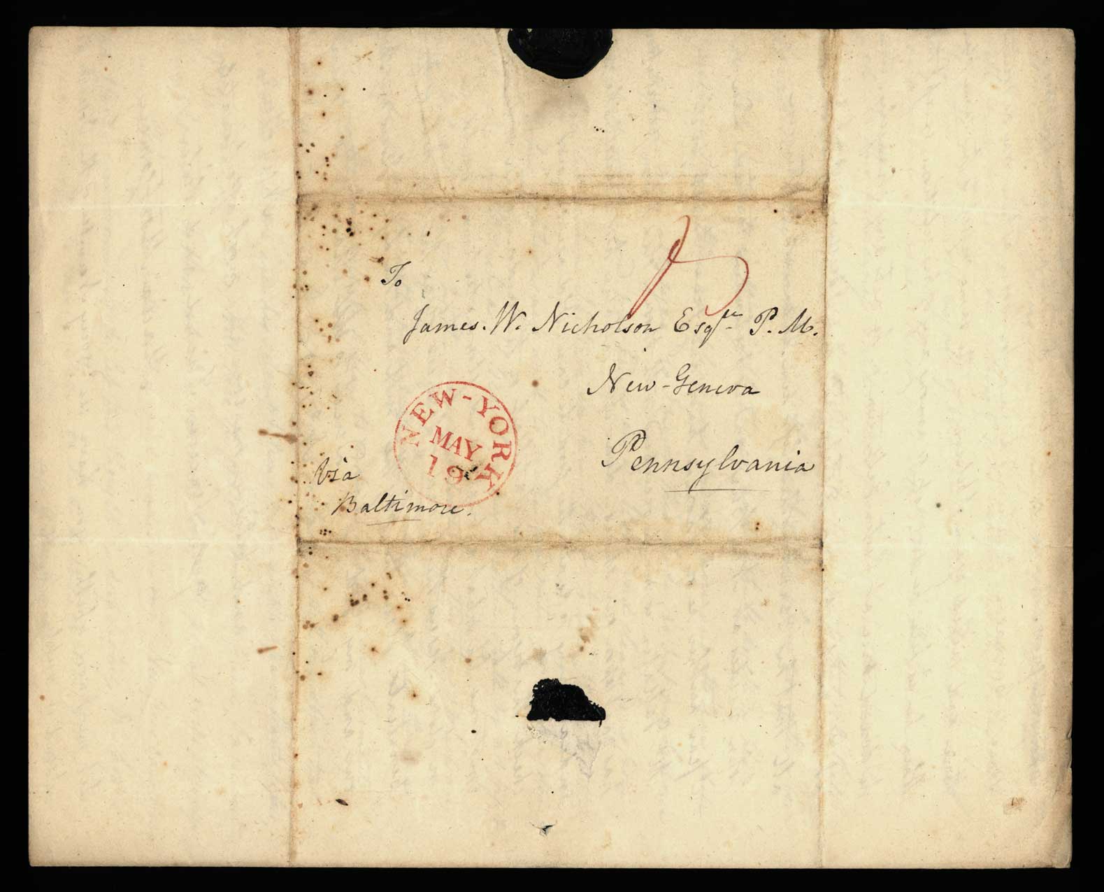 Letter. Maria [Nicholson] Montgomery, New York, New York, to James W. Nicholson Esqre P.M., New Geneva, Pennsylvania, May 1834, Address Leaf