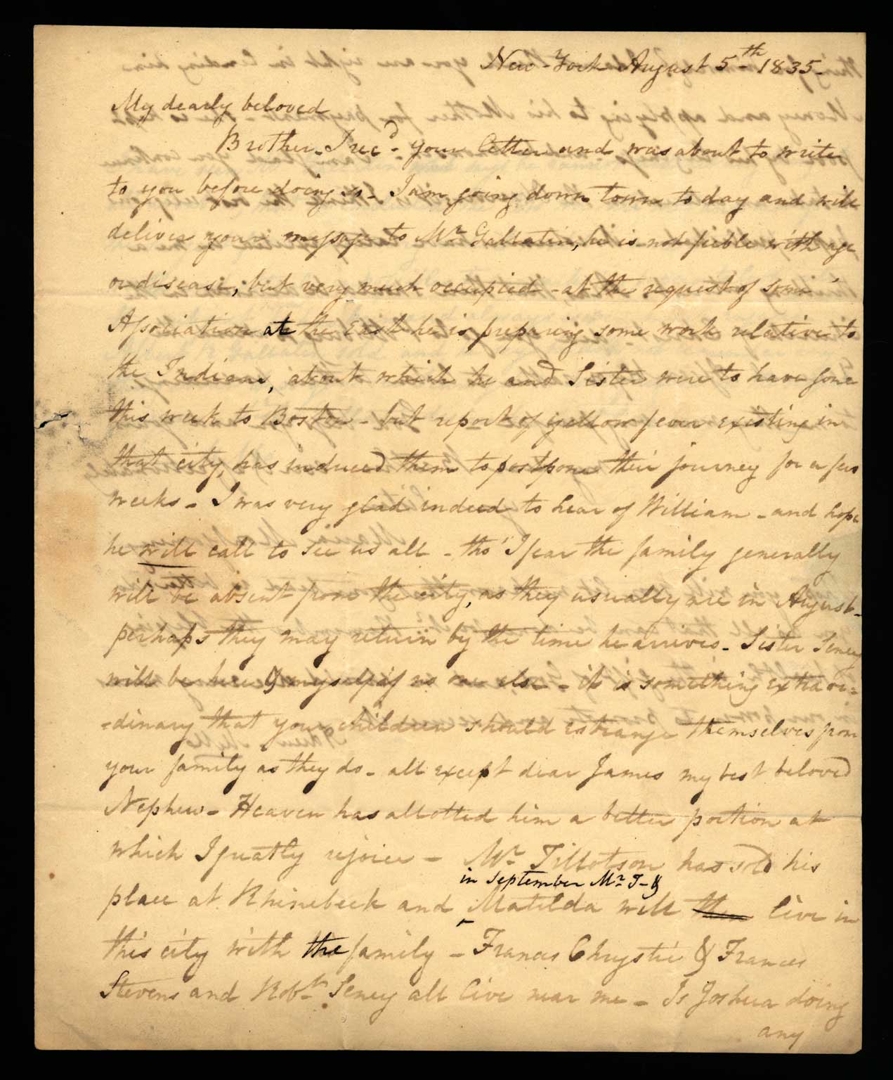 Letter. Maria [Nicholson] Montgomery, New York, New York, to James W. Nicholson Esqre P.M., New Geneva, Pennsylvania, August 1835, Page 1