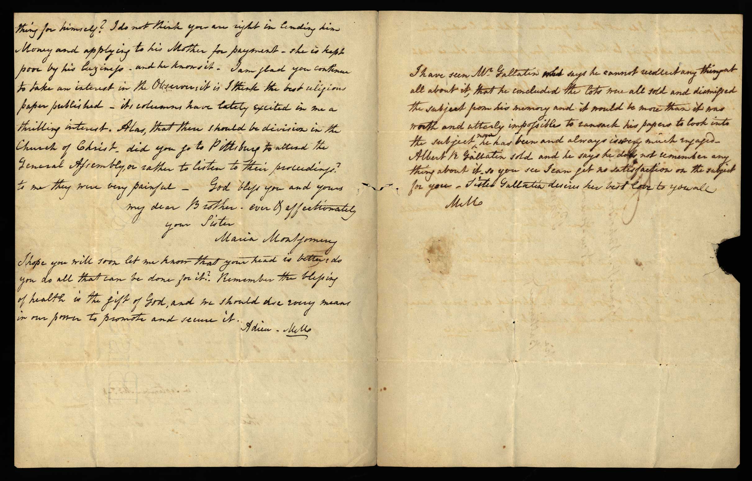 Letter. Maria [Nicholson] Montgomery, New York, New York, to James W. Nicholson Esqre P.M., New Geneva, Pennsylvania, August 1835, Pages 2 and 3