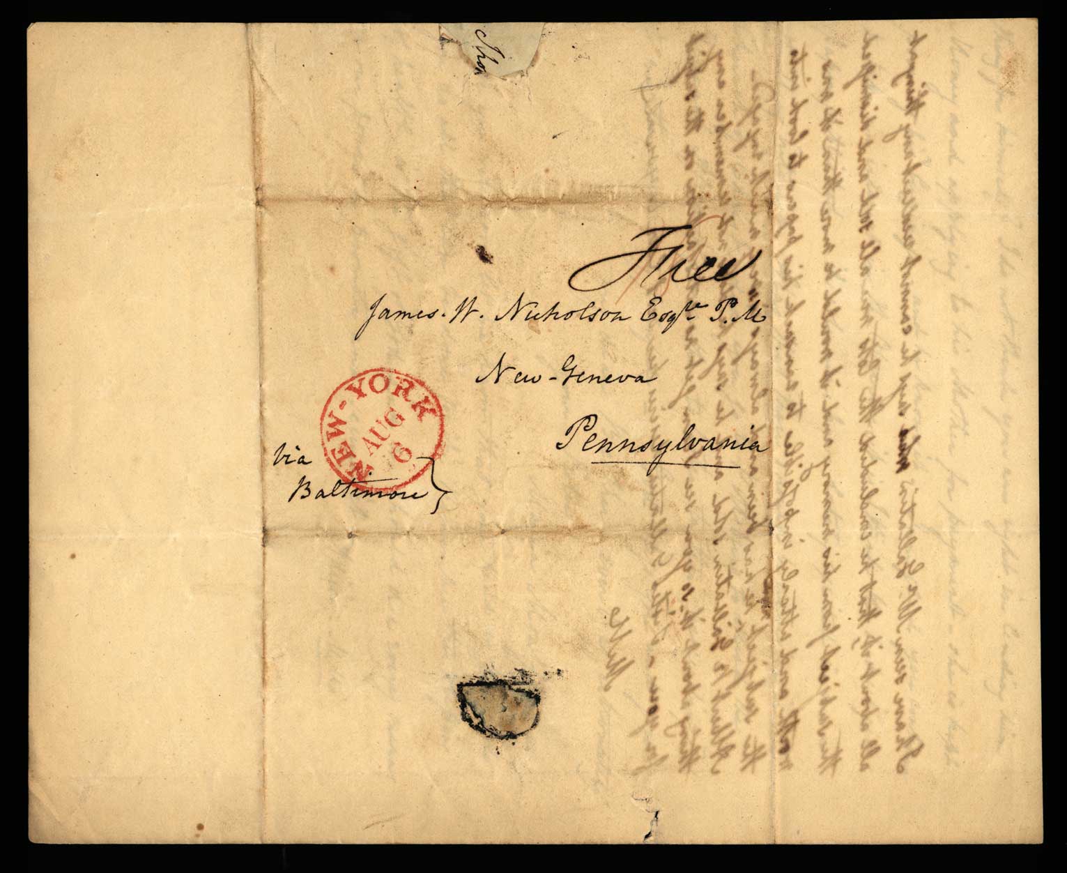 Letter. Maria [Nicholson] Montgomery, New York, New York, to James W. Nicholson Esqre P.M., New Geneva, Pennsylvania, August 1835, Address Leaf