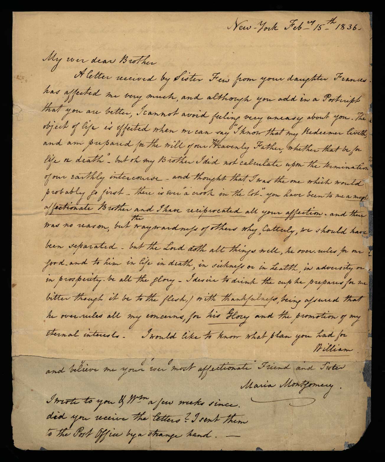 Letter. Maria [Nicholson] Montgomery, New York, New York, to James W. Nicholson Esqre P.M., New Geneva, Pennsylvania, February 1836, Page 1