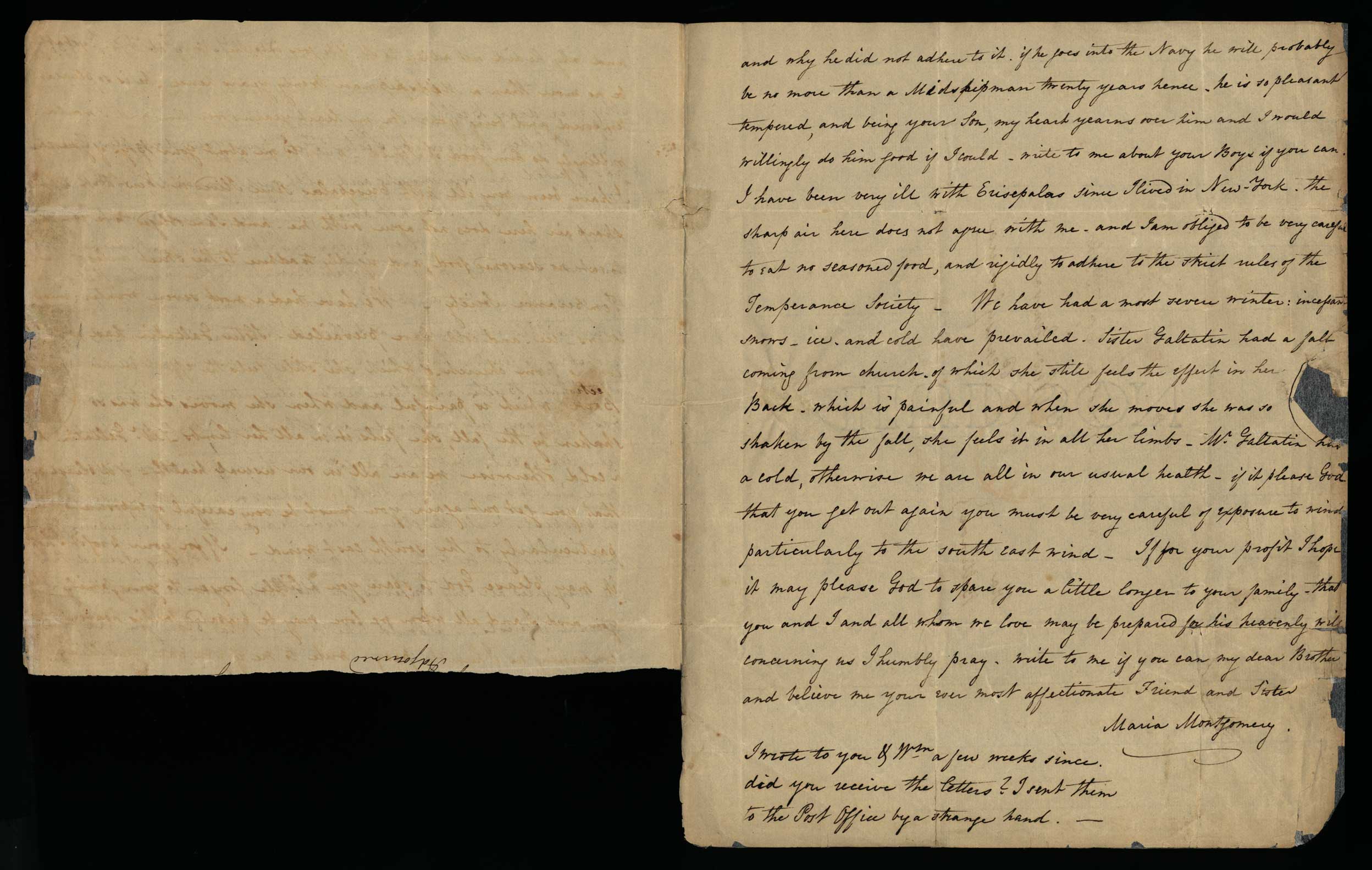 Letter. Maria [Nicholson] Montgomery, New York, New York, to James W. Nicholson Esqre P.M., New Geneva, Pennsylvania, February 1836, Page 2