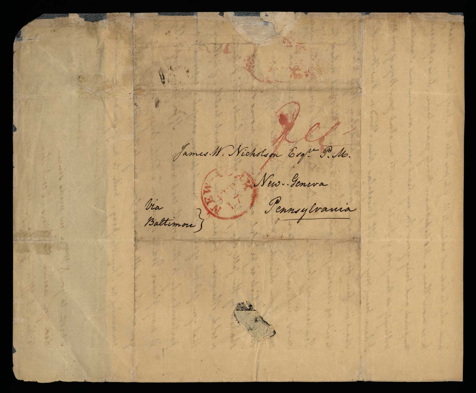 Letter. Maria [Nicholson] Montgomery, New York, New York, to James W. Nicholson Esqre P.M., New Geneva, Pennsylvania, February 1836, Address Leaf