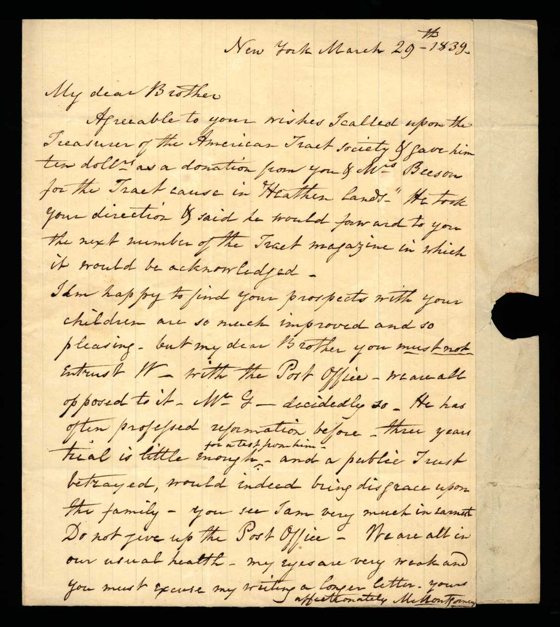 Letter. M[aria Nicholson] Montgomery, New York, New York, to James W. Nicholson Esqre P.M., New Geneva, Pennsylvania, March 1839, Page 1