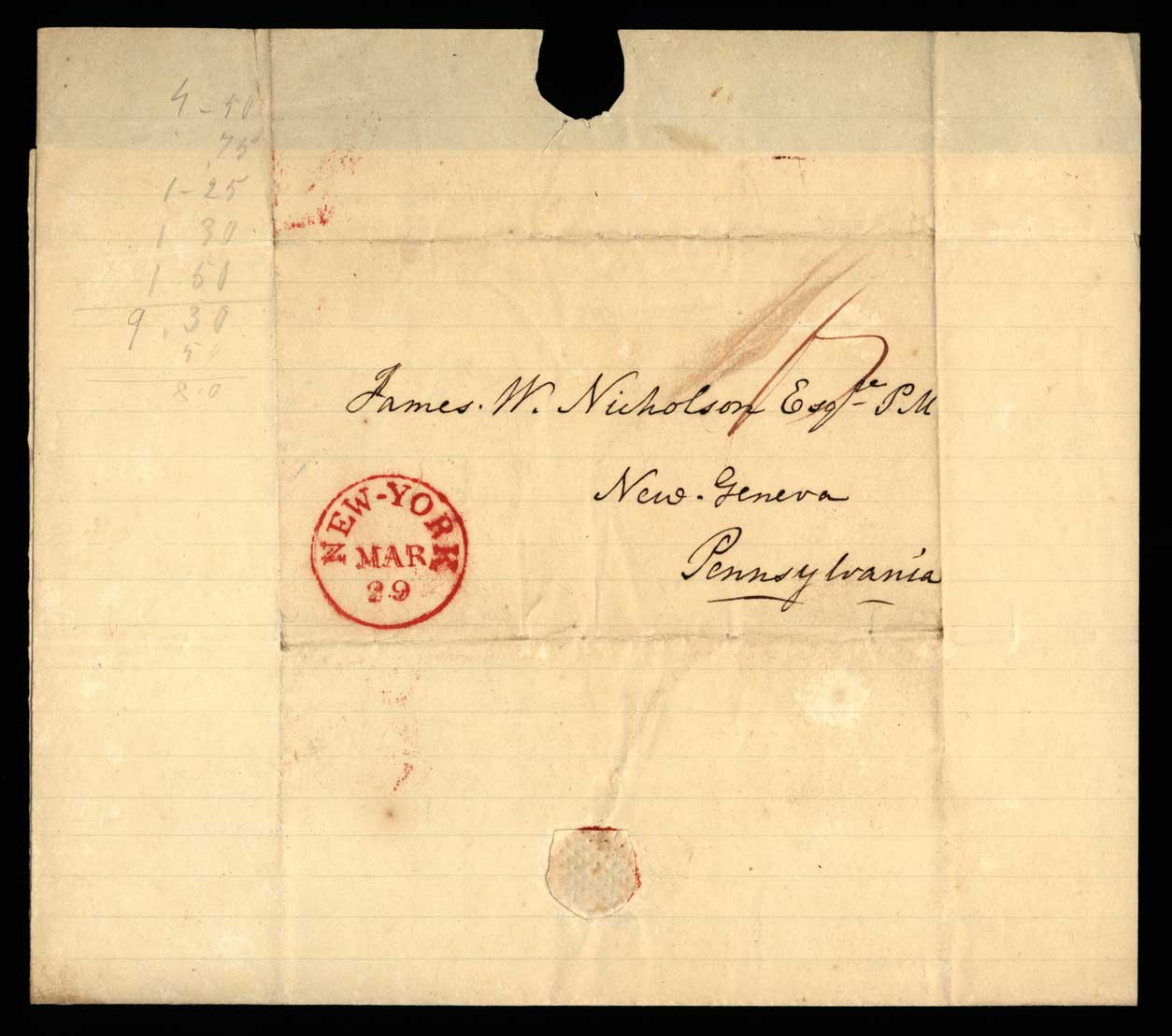 Letter. M[aria Nicholson] Montgomery, New York, New York, to James W. Nicholson Esqre P.M., New Geneva, Pennsylvania, March 1839, Address Leaf