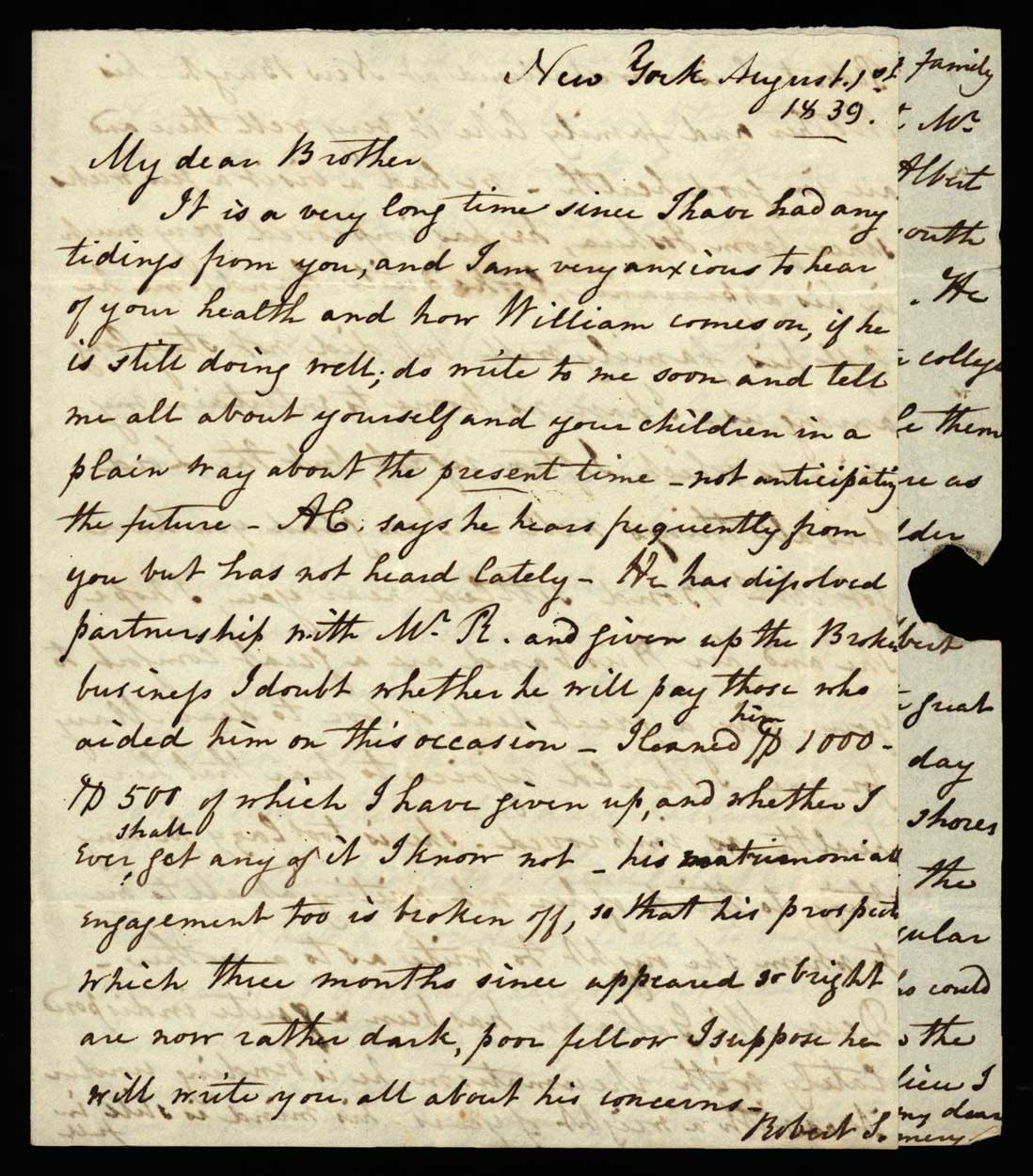 Letter. M[aria Nicholson] Montgomery, New York, New York, to James W. Nicholson Esqre P.M., New Geneva, Pennsylvania, August 1839, Page 1