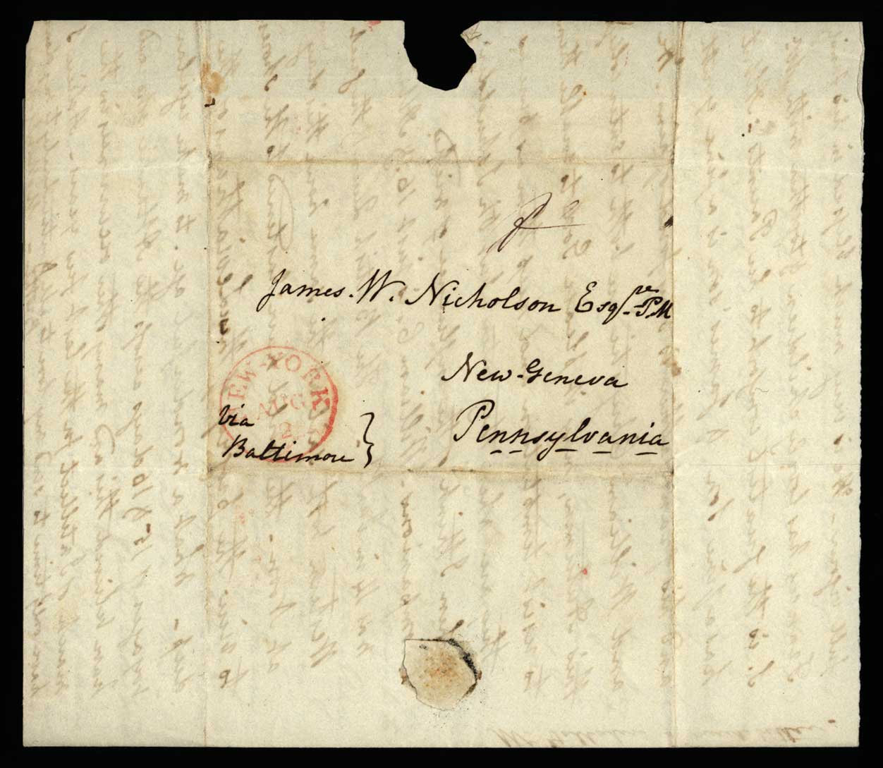 Letter. M[aria Nicholson] Montgomery, New York, New York, to James W. Nicholson Esqre P.M., New Geneva, Pennsylvania, August 1839, Address Leaf