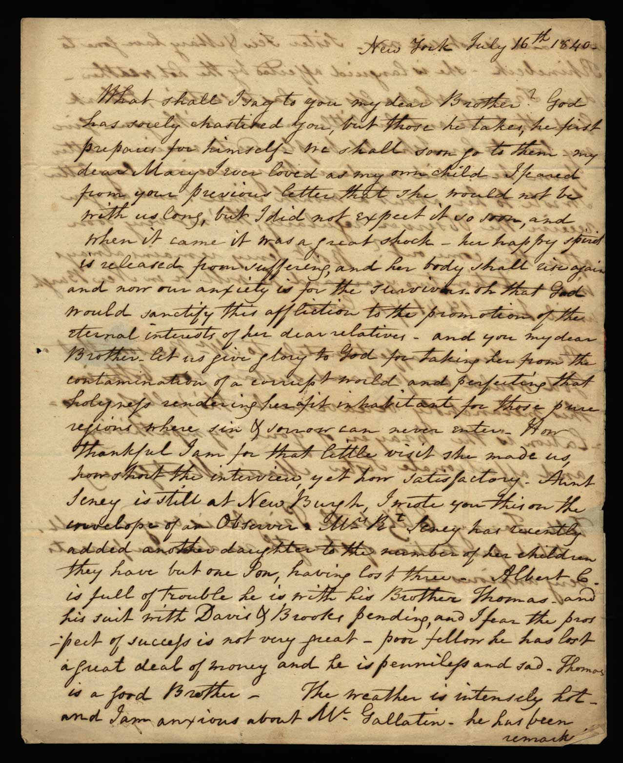 Letter. Maria [Nicholson] Montgomery, New York, New York, to James W. Nicholson Esqre P.M., New Geneva, Pennsylvania, July 1840, Page 1