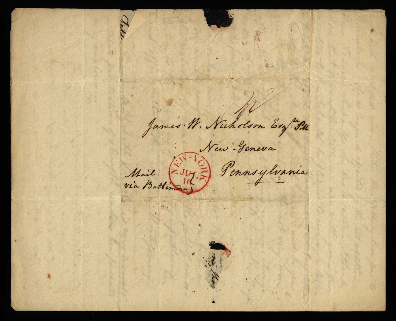 Letter. Maria [Nicholson] Montgomery, New York, New York, to James W. Nicholson Esqre P.M., New Geneva, Pennsylvania, July 1840, Address Leaf