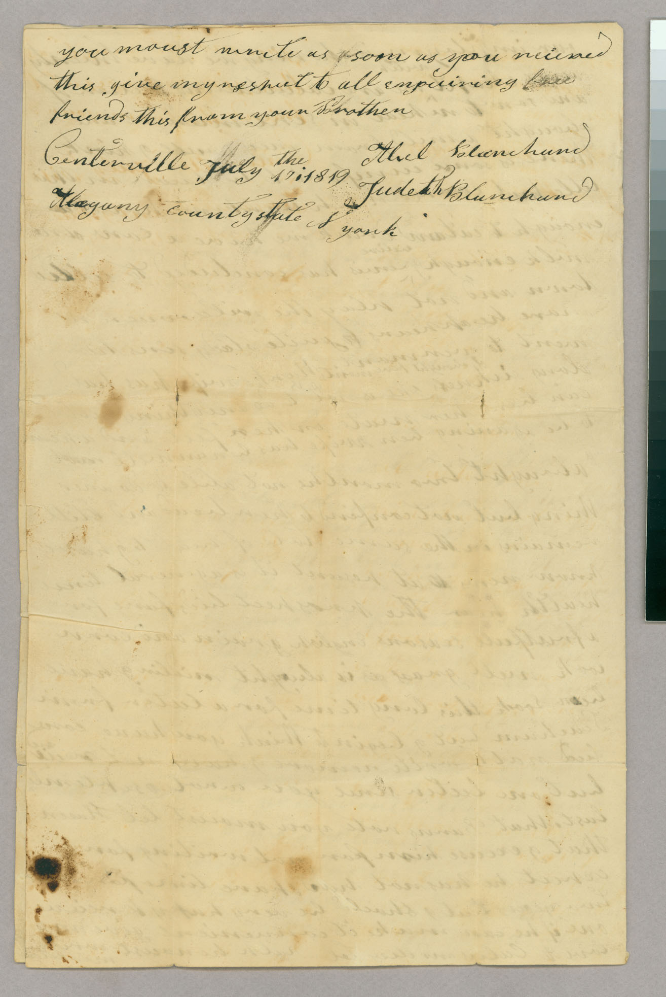 Letter, Abel Blanchard [Jr.], Centerville, New York, to Judith Blanchard, Peacham, Vermont, Page 3
