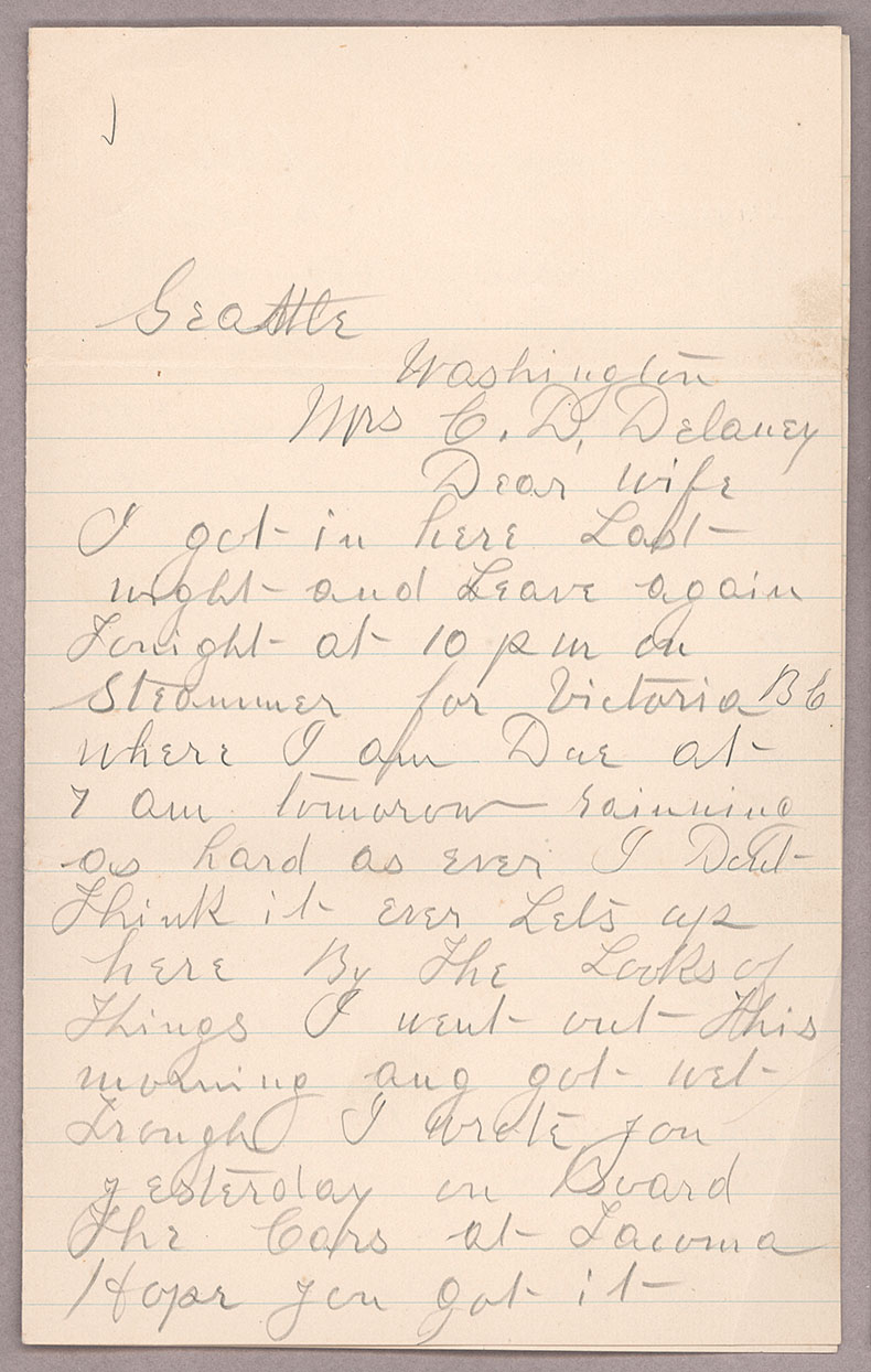 Letter, John F. Delaney, Seattle Washington, to Caroline D. Delaney, [Salt Lake City, Utah], Page 1