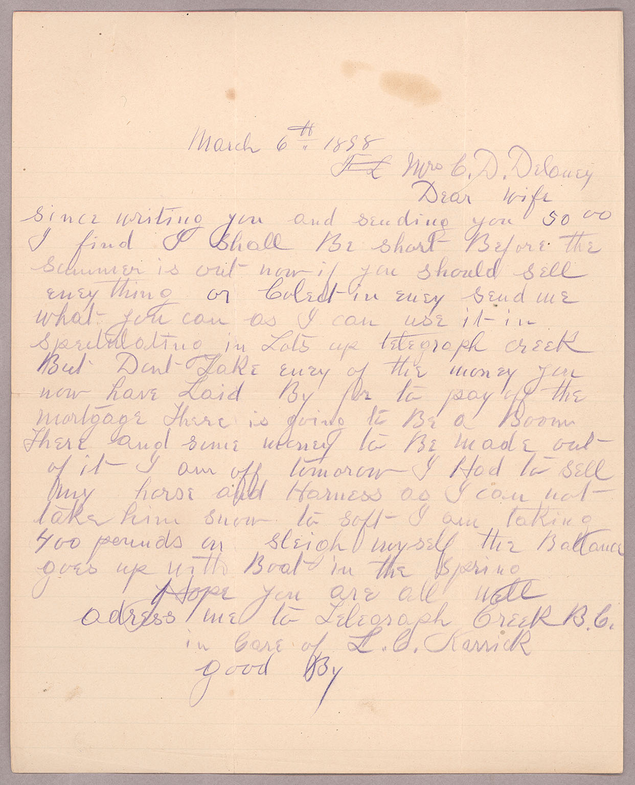 Letter, [John F. Delaney], [Fort Wrangell, Alaska], to Caroline D. Delaney, [Salt Lake City, Utah]