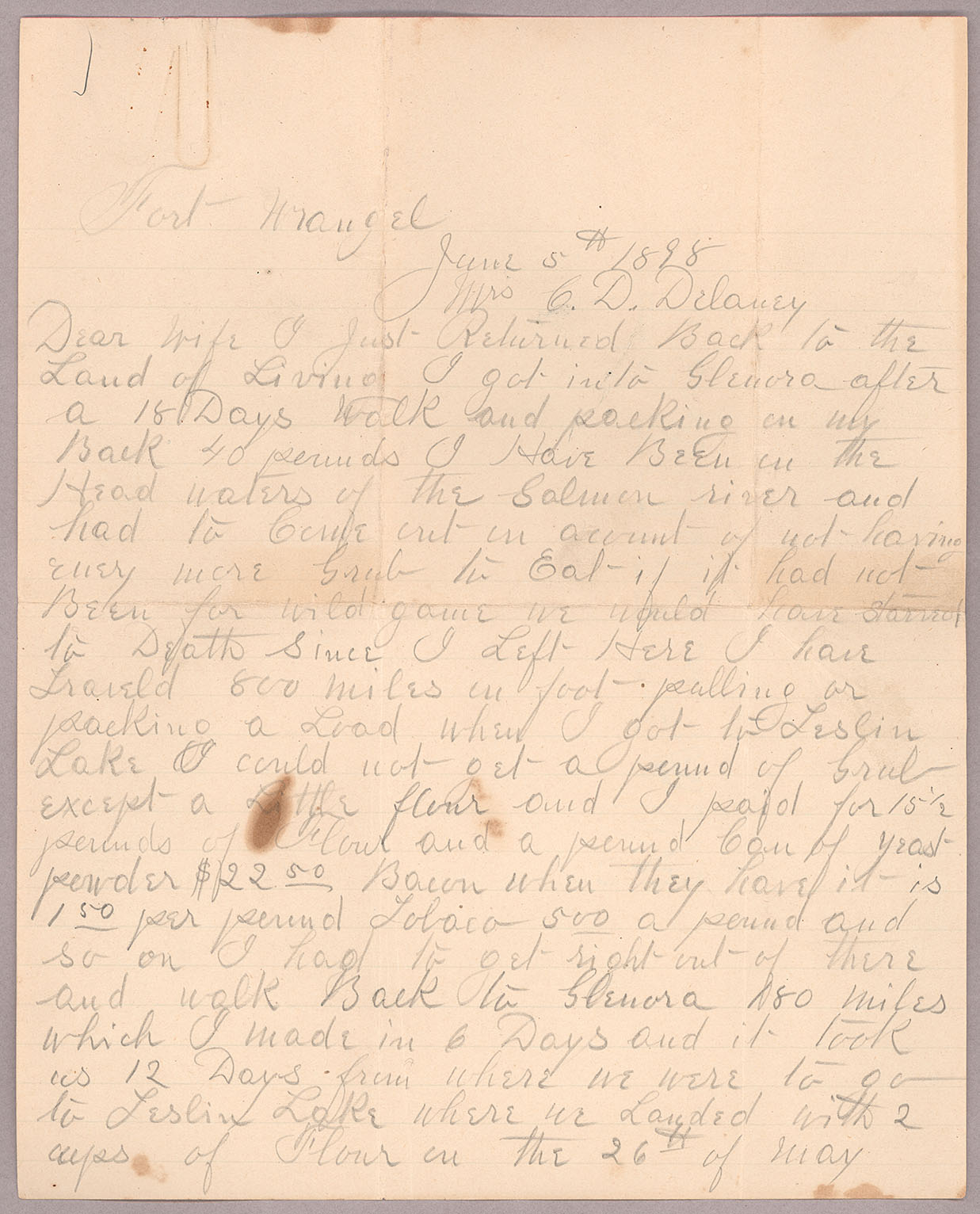 Letter, John F. Delaney, Fort Wrangell, Alaska, to Caroline D. Delaney, [Salt Lake City, Utah], Page 1