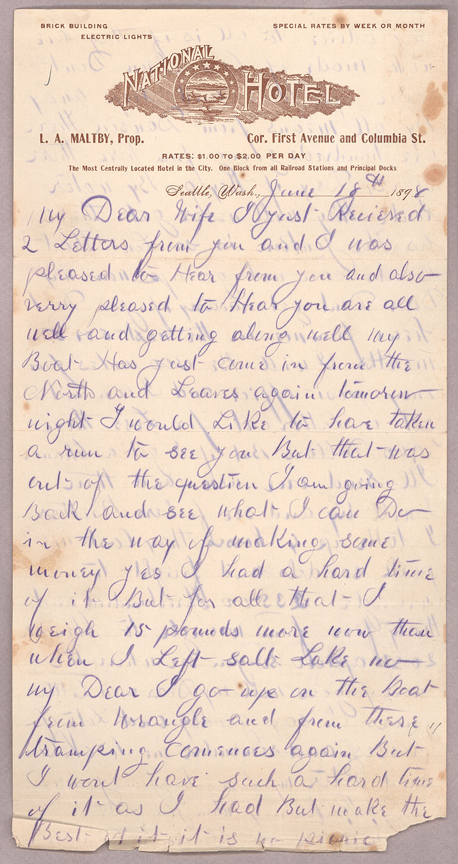 Letter, John F. Delaney, Seattle, Washington, to Caroline D. Delaney, [Salt Lake City, Utah], Page 1