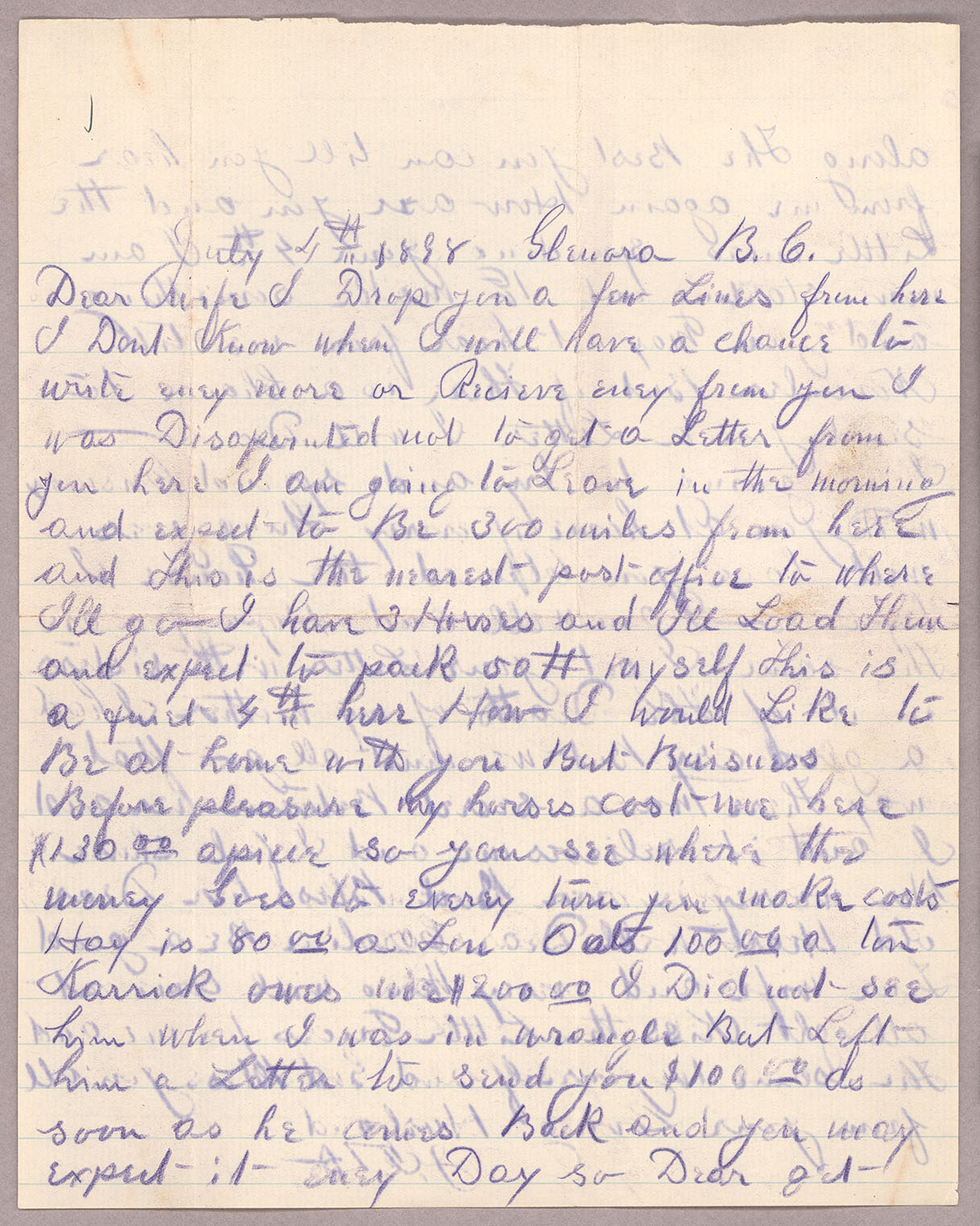 Letter, John F. Delaney, Glenora, British Columbia, to Caroline D. Delaney, [Salt Lake City, Utah], Page 1