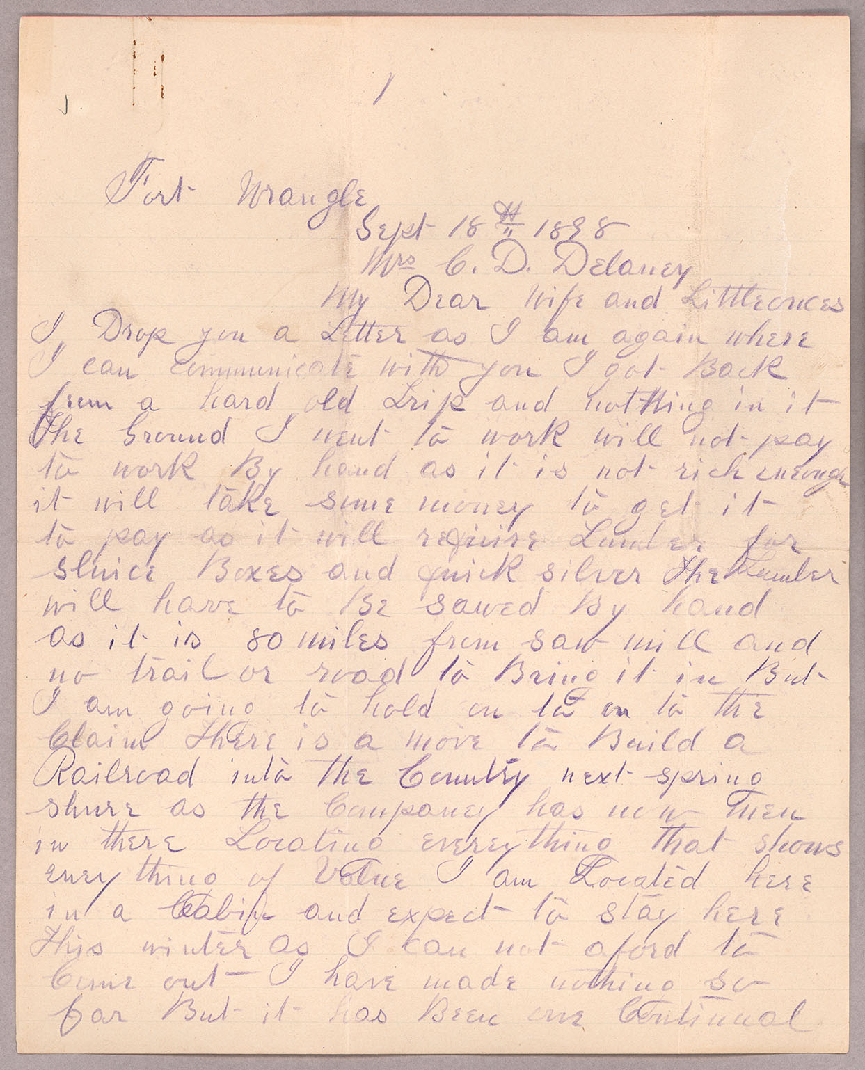 Letter, John F. Delaney, Fort Wrangell, Alaska, to Caroline D. Delaney, [Salt Lake City, Utah], Page 1