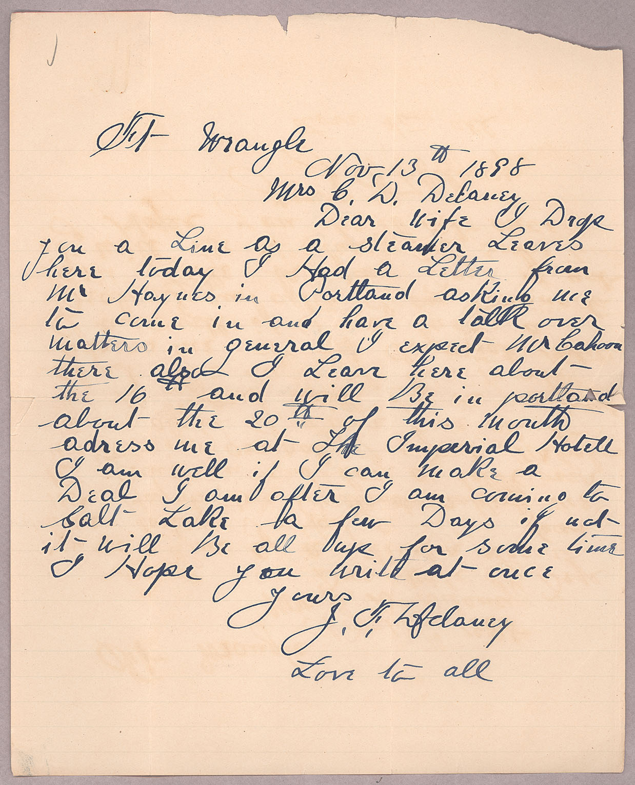 Letter, John F. Delaney, Fort Wrangell, Alaska, to Caroline D. Delaney, [Salt Lake City, Utah]