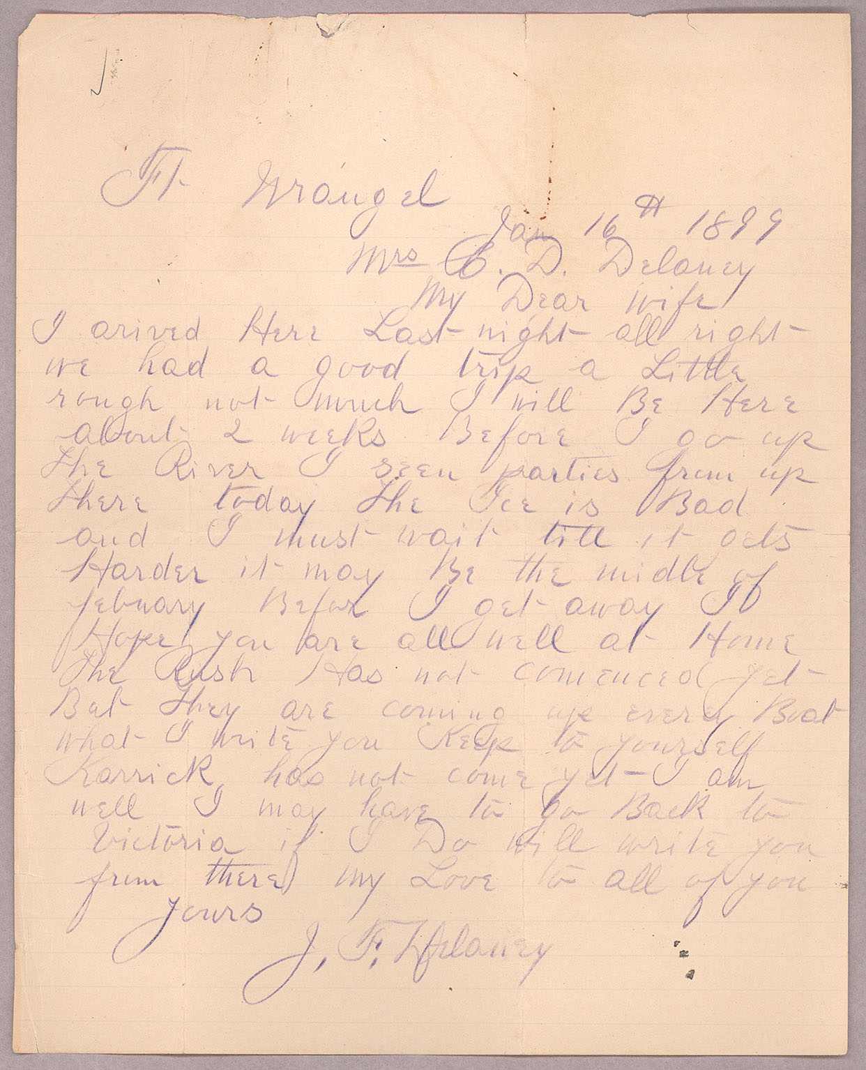 Letter, John F. Delaney, Fort Wrangell, Alaska, to Caroline D. Delaney, [Salt Lake City, Utah]