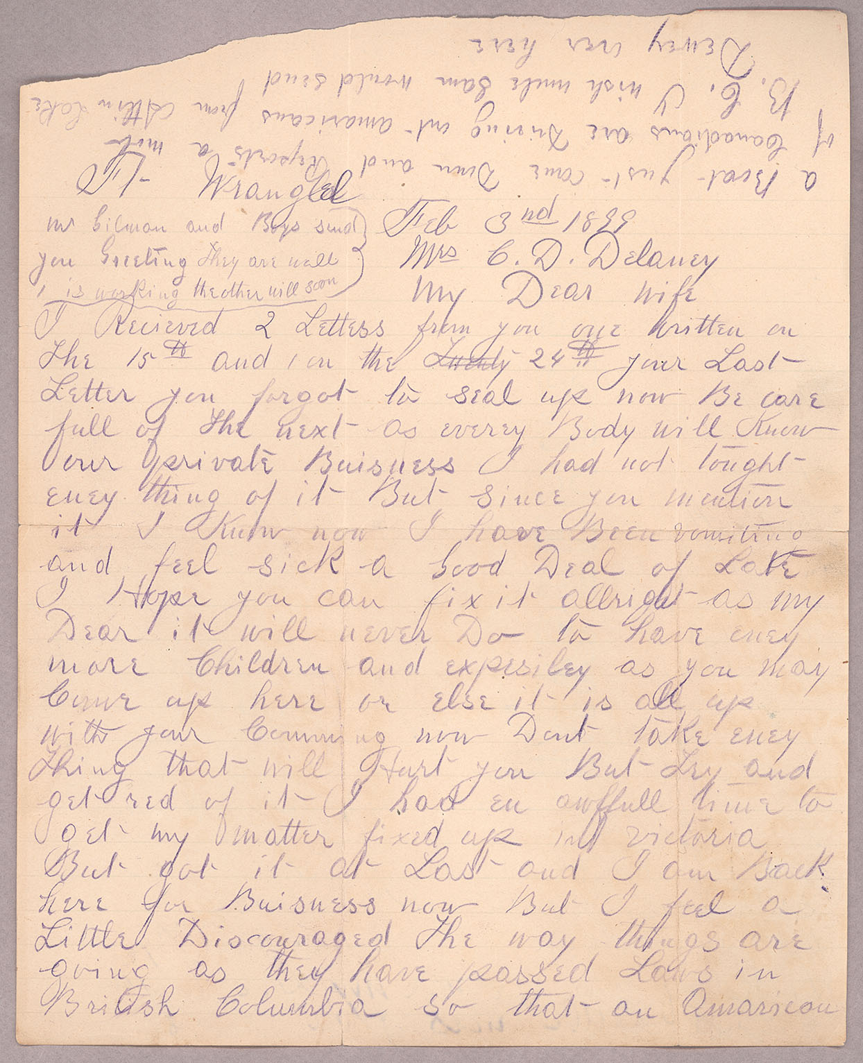 Letter, John F. Delaney, Fort Wrangell, Alaska, to Caroline D. Delaney, [Salt Lake City, Utah], Page 1