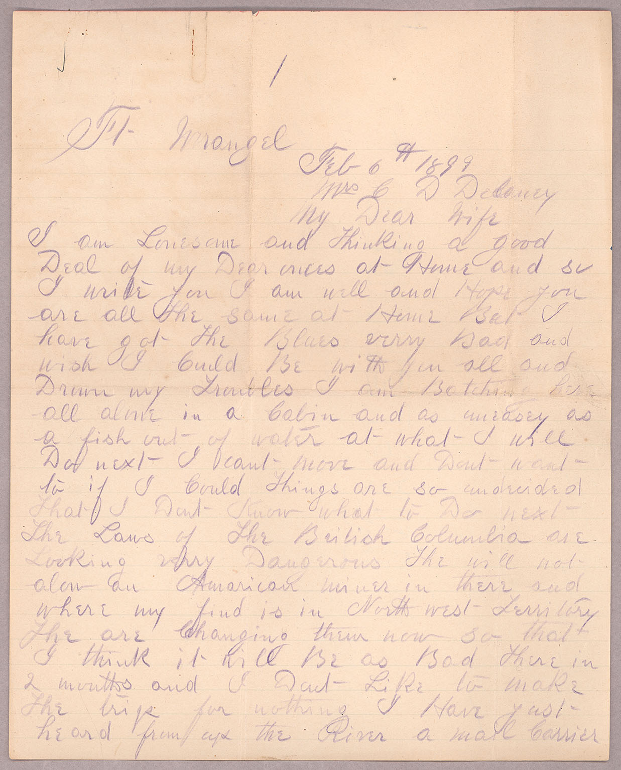 Letter, John F. Delaney, Fort Wrangell, Alaska, to Caroline D. Delaney, [Salt Lake City, Utah], Page 1