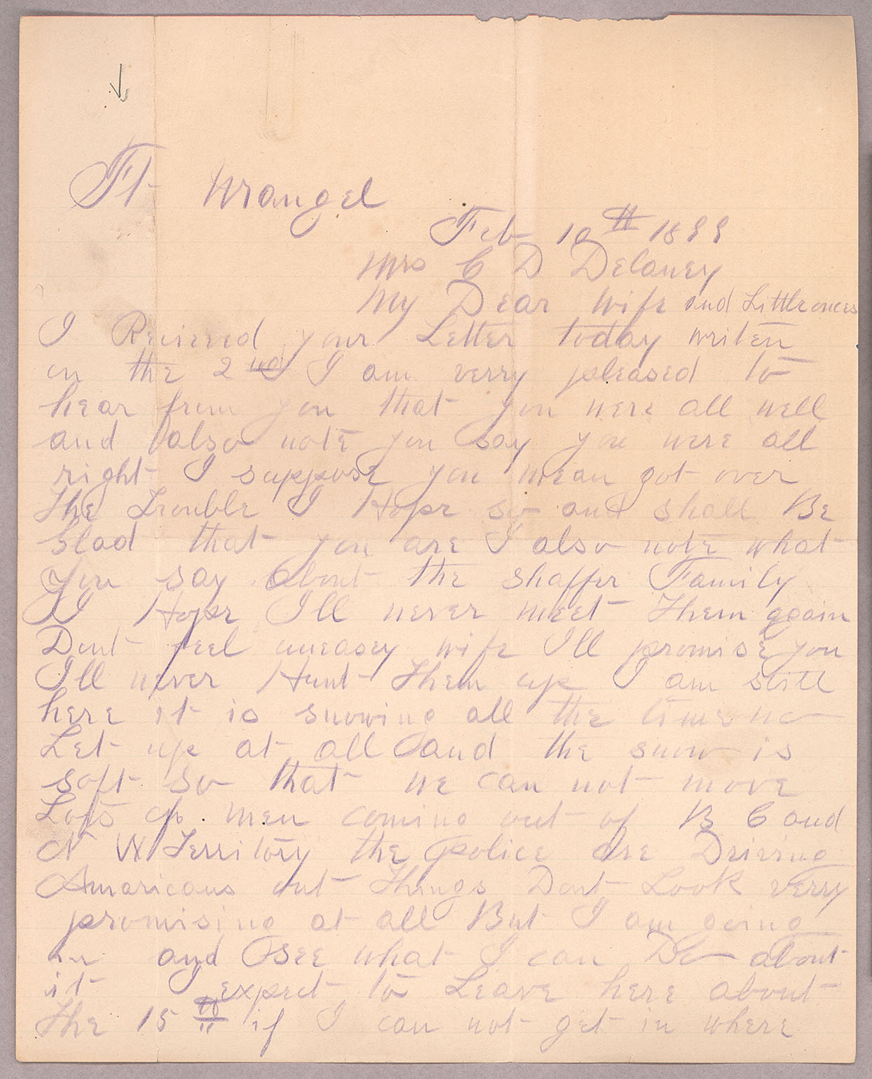 Letter, John F. Delaney, Fort Wrangell, Alaska, to Caroline D. Delaney, [Salt Lake City, Utah], Page 1