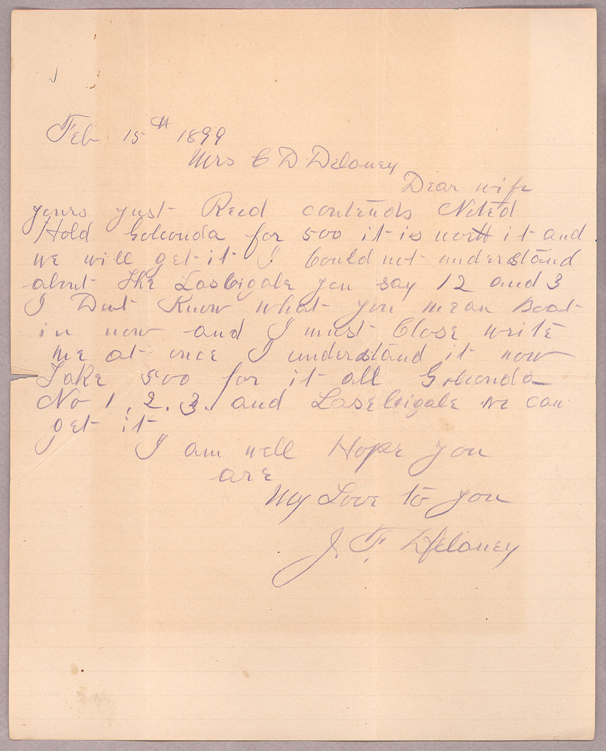 Letter, John F. Delaney, [Fort Wrangell, Alaska], to Caroline D. Delaney, [Salt Lake City, Utah]