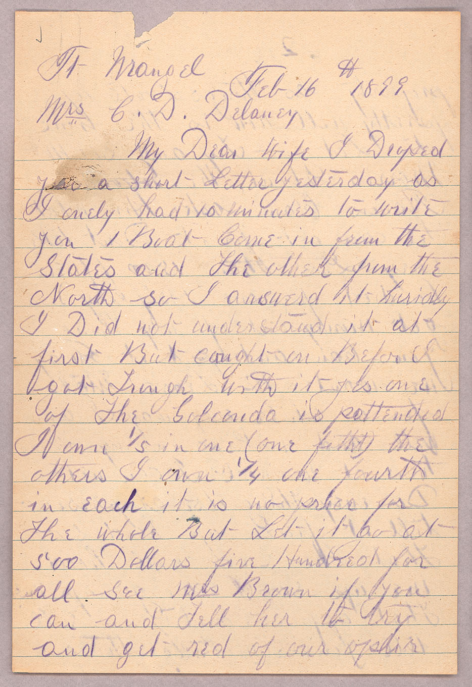 Letter, John F. Delaney, Fort Wrangell, Alaska, to Caroline D. Delaney, [Salt Lake City, Utah], Page 1