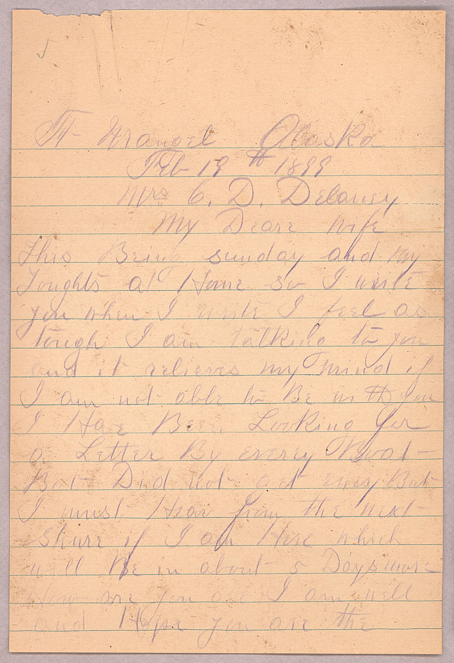 Letter, John F. Delaney, Fort Wrangell, Alaska, to Caroline D. Delaney, [Salt Lake City, Utah], Page 1