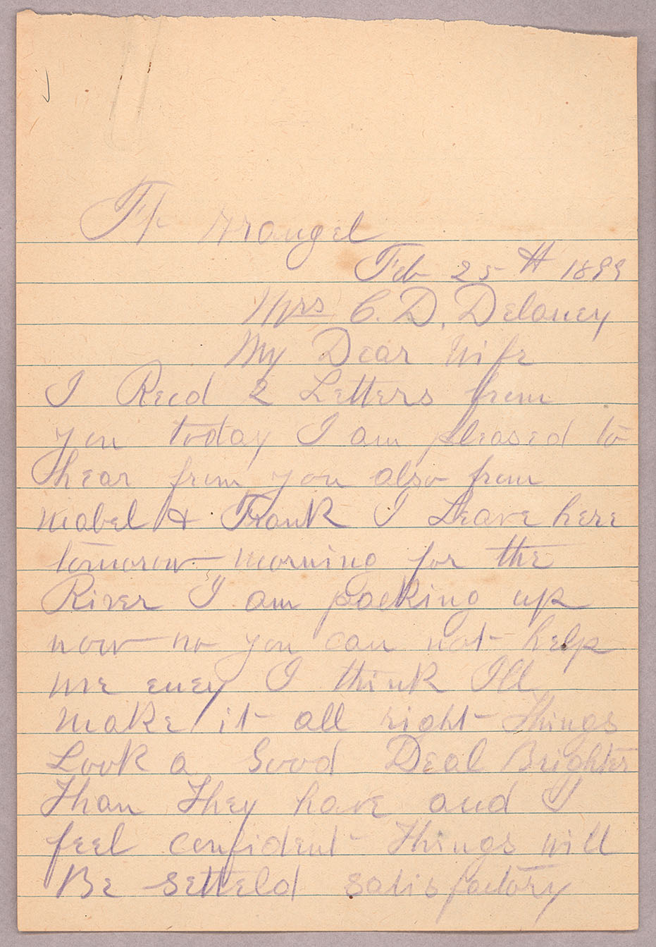 Letter, John F. Delaney, Fort Wrangell, Alaska, to Caroline D. Delaney, [Salt Lake City, Utah], Page 1